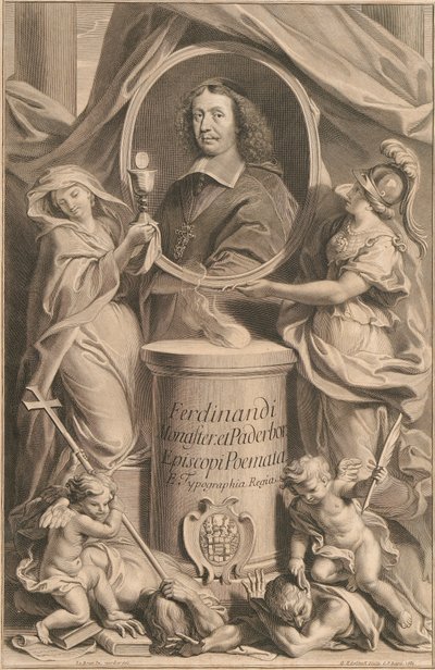 Two Female Figures, Religion and Wisdom, hold the Bust of Ferdinand of Fürstenberg, while at their feet their Genii trample Heresy and Ignorance. by Gérard Edelinck